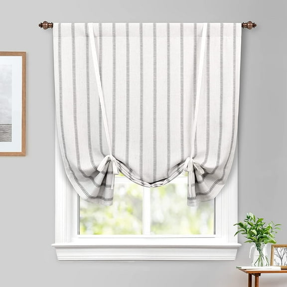 DriftAway Farmhouse Linen Blend Blackout Tie Up Curtain for Kitchen Vertical Striped Printed Tie Up Shade for Bedroom Adjustable Balloon Rod Pocket 63"L x 45"W Grey