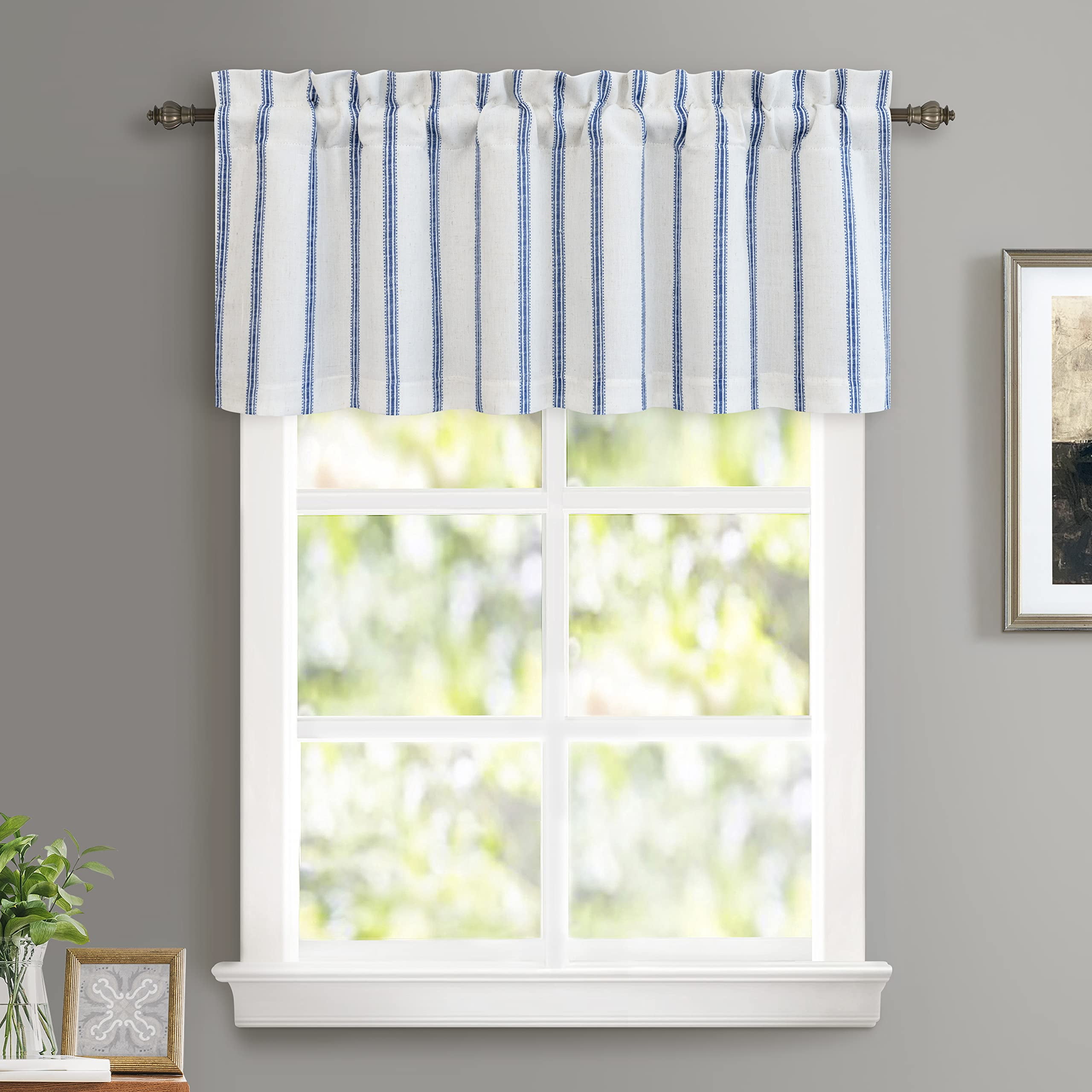 DriftAway Farmhouse Linen Blend Blackout Valance for Kitchen 18 Inch Length Vertical Striped Printed Lined Rod Pocket Room Darkening Curtain Valance for Living Room 52x18 Inch Navy