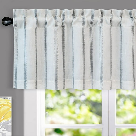 DriftAway Farmhouse Linen Blend Blackout Valance for Kitchen 18 Inch Length Vertical Striped Printed Lined Rod Pocket Room Darkening Curtain Valance for Living Room 52"x18" Gray