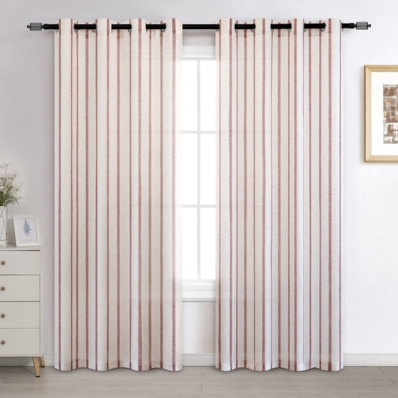 DriftAway Farmhouse Linen Blend Curtains 84 Inches Long for Living Room Vertical Striped Printed Drapes Grommet Top Light Filtering Curtain Linen Textured Panels for Bedroom 2 Panels W52 x L84 Red