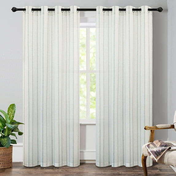 DriftAway Farmhouse Linen Blend Room Darkening Curtains for Bedroom 84 Inches Long Vertical Striped Printed Drapes Thermal Insulated Grommet Window Treatments for Living Room 2 Panels W52 x L84 Green