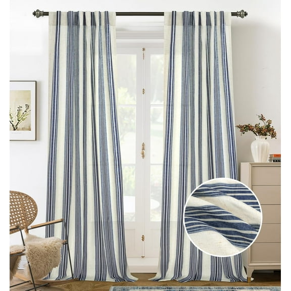 DriftAway Farmhouse Vertical Striped Linen Blend Textured Light Filtering Semi Sheer Curtains for Living Room Bedroom 108 Inches Long Drapes 2 Panels Broad Striped Linen Dark Blue