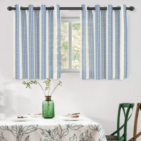 DriftAway Farmhouse Vertical Striped Linen Blend Textured Light Filtering Semi Sheer Curtains for Living Room Bedroom 36 Inches Long Drapes 2 Panels Broad Striped Jean Navy