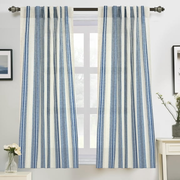 DriftAway Farmhouse Vertical Striped Linen Blend Textured Light Filtering Semi Sheer Curtains for Living Room Bedroom 54 Inches Long Drapes 2 Panels Broad Striped Linen Jean Navy