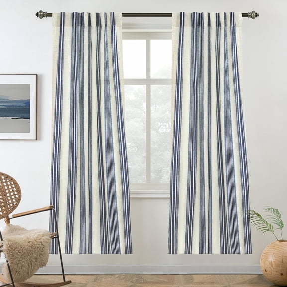 DriftAway Farmhouse Vertical Striped Linen Blend Textured Light Filtering Semi Sheer Curtains for Living Room Bedroom 72 Inches Long Drapes 2 Panels Broad Striped Linen Dark Blue