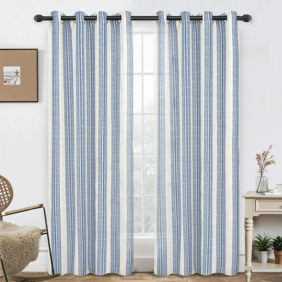 DriftAway Farmhouse Vertical Striped Linen Blend Textured Light Filtering Semi Sheer Curtains for Living Room Bedroom 84 Inches Long Drapes 2 Panels Broad Striped Jean Navy