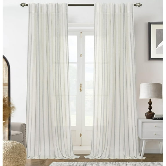 DriftAway Farmhouse Vertical Striped Linen Blend Textured Light Filtering Semi Sheer Rod Pocket Back Tab Curtains for Living Room Bedroom 108 Inches Long Drapes Grommet 2 Panels