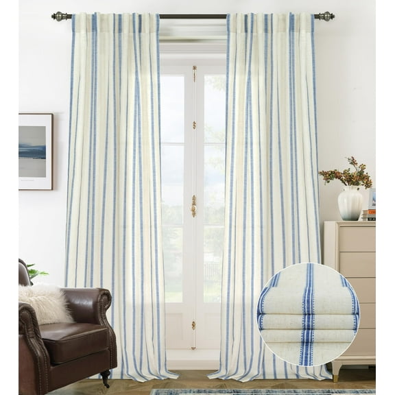 DriftAway Farmhouse Vertical Striped Linen Blend Textured Light Filtering Semi Sheer Rod Pocket Back Tab Curtains for Living Room Bedroom 120 Inches Long Drapes Grommet 2 Panels