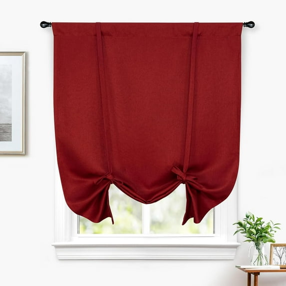 DriftAway Faux Linen Textured Solid Color Blackout Tie Up Curtain for Kitchen Decorative Adjustable Balloon Rod Pocket Window Linen Curtains for Small Window 42 Inch by 63 Inch Red