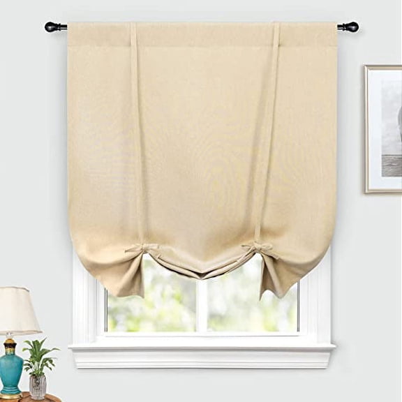 DriftAway Faux Linen Textured Solid Color Blackout Tie Up Curtain for Kitchen Decorative Adjustable Balloon Rod Pocket Window Curtains for Small Window 55"L x 39"W Beige