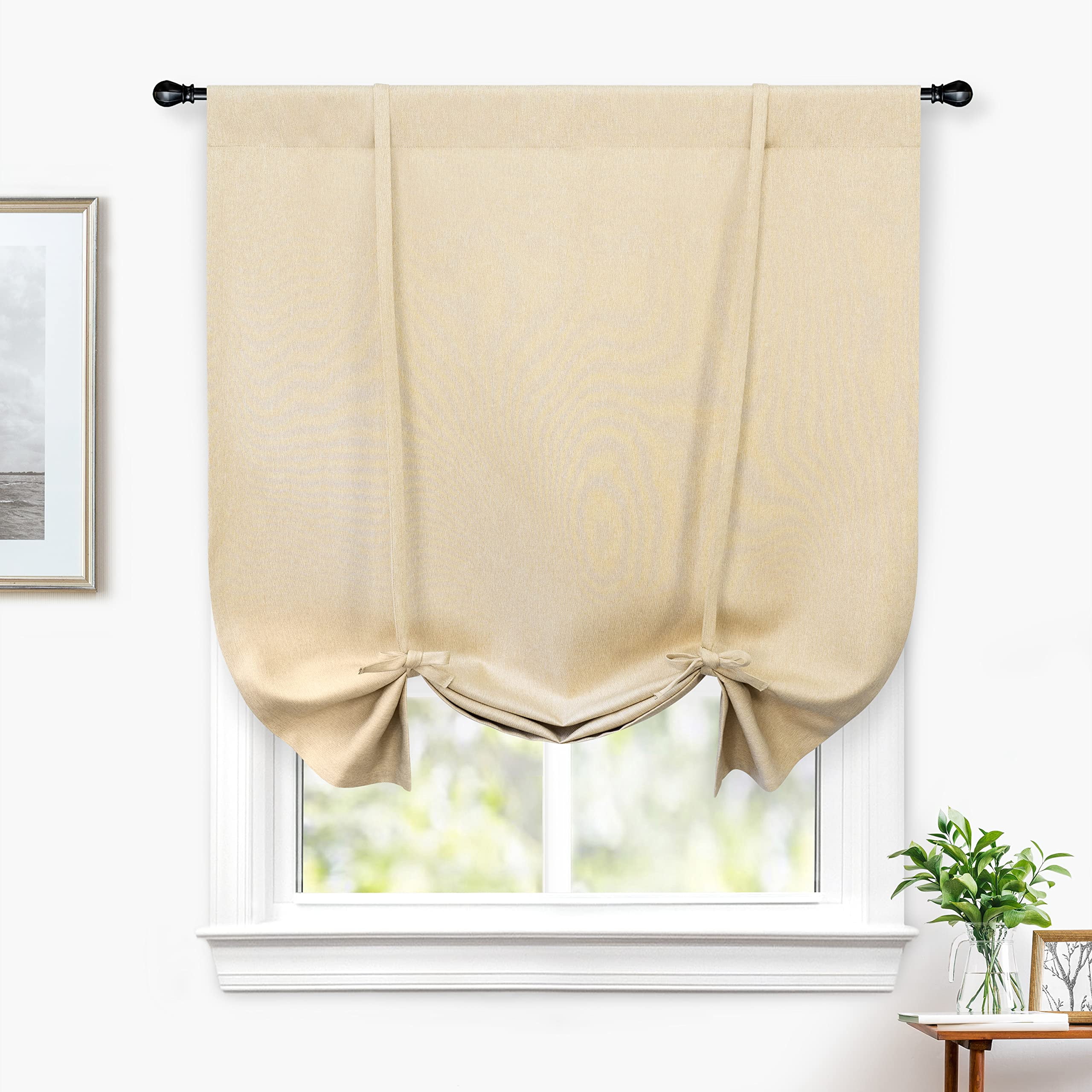 DriftAway Faux Linen Textured Solid Color Blackout Tie Up Curtain for Kitchen Decorative Adjustable Balloon Rod Pocket Window Curtains for Small Window 63"L x 42"W Beige