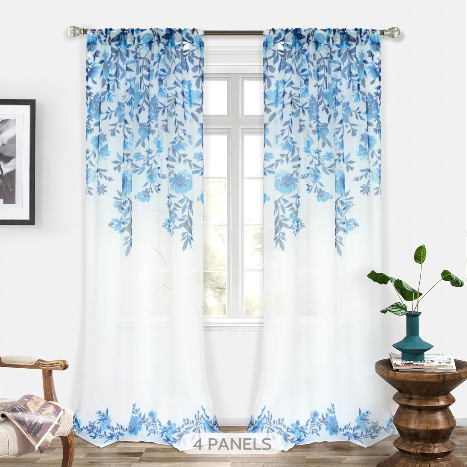 DriftAway Floral Sheer Curtains for Living Room Navy Blue Flower