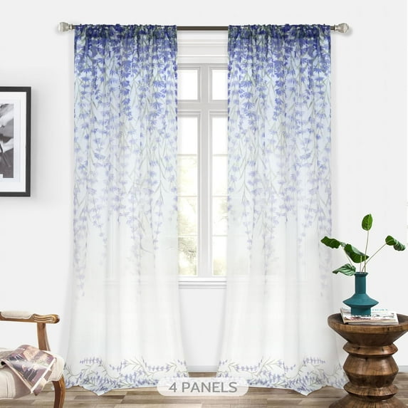 DriftAway Floral Sheer Curtains for Living Room Purple Flower Printed Light Filtering Curtain Drapes for Bedroom 84 Inches Long 4 Panels Set Rod Pocket Window Treatments Modern Elegant Curtain Purple