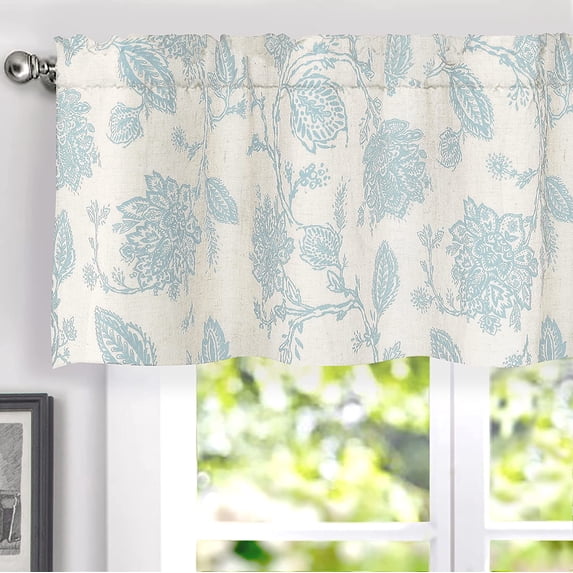 DriftAway Freda Jacobean Floral Linen Blend Blackout Thermal Insulated Energy Saving Privacy Window Curtain Valance Rod Pocket 2 Layers Single 18"L x 52"W plus 2" Header Vintage Blue