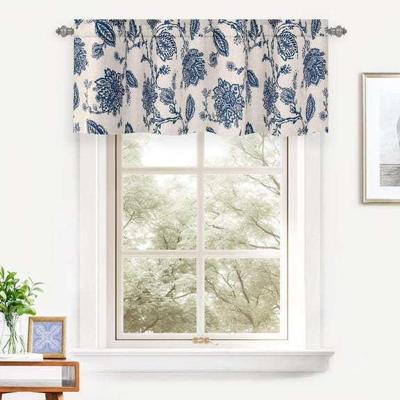 DriftAway Freda Jacobean Floral Linen Blend Blackout Thermal Insulated Energy Saving Privacy Window Curtain Valance Rod Pocket 2 Layers Single 50 Inch by 18 Inch plus 2 Inch Header Navy Beige