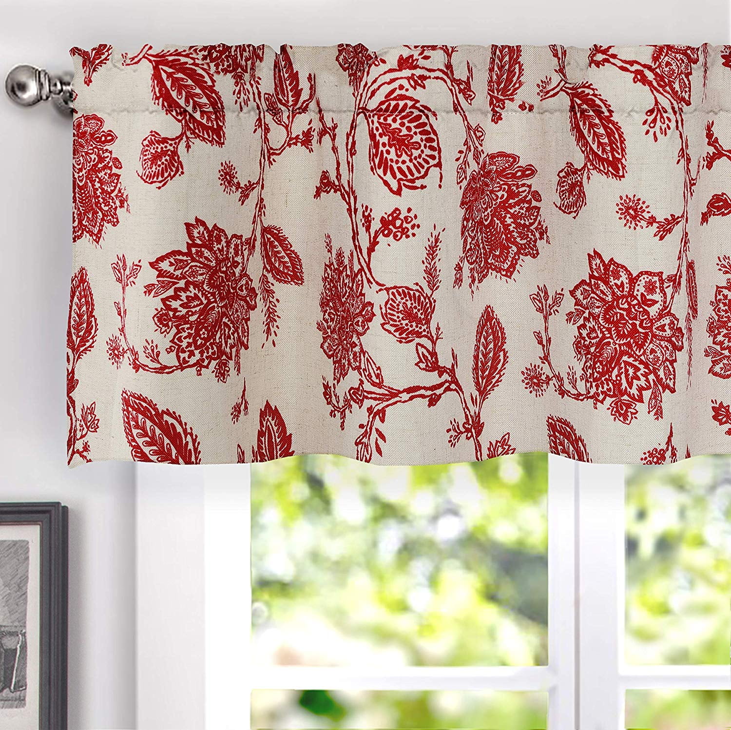 Red Beige Floral Linen Blend Rod Pocket Valance