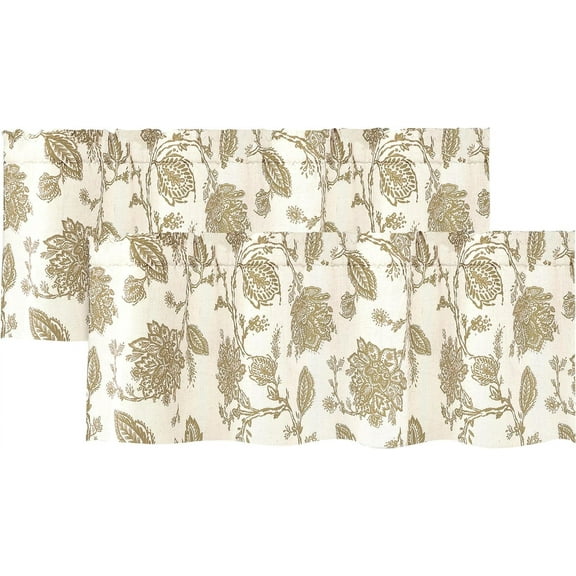 DriftAway Freda Jacobean Floral Linen Blend Blackout Thermal Insulated Energy Saving Privacy Window Linen Curtain Valance Rod Pocket 2 Layers 2 Pack 52 Inch by 14 Inch Plus 2 Inch Header Taupe