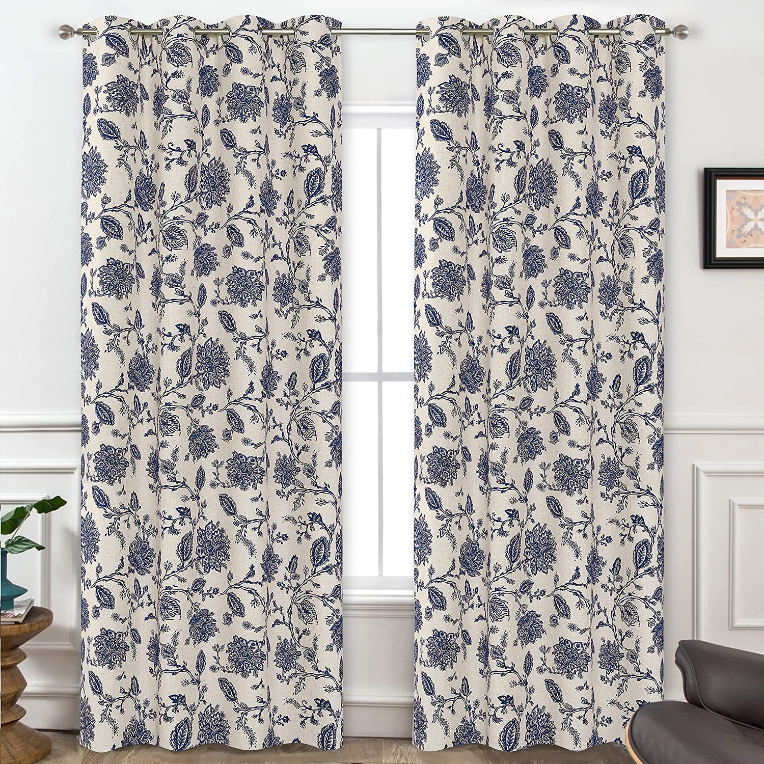 DriftAway Floral Linen Blend Blackout Curtains, 2 Layers, 96"L x 52"W
