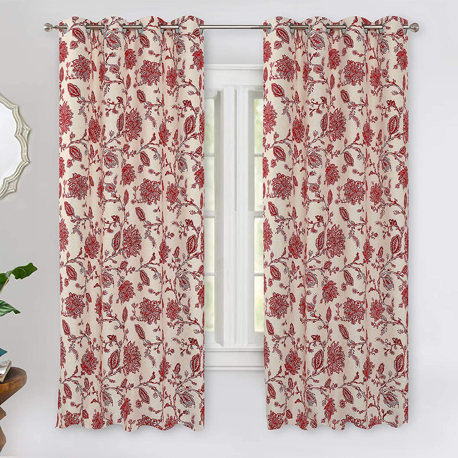 DriftAway Freda Jacobean Floral Linen Blend Lined Thermal Insulated Room Darkening Blackout Grommet Window Curtains 2 Layers 2 Panels Each 52 Inch by 63 Inch Red Beige