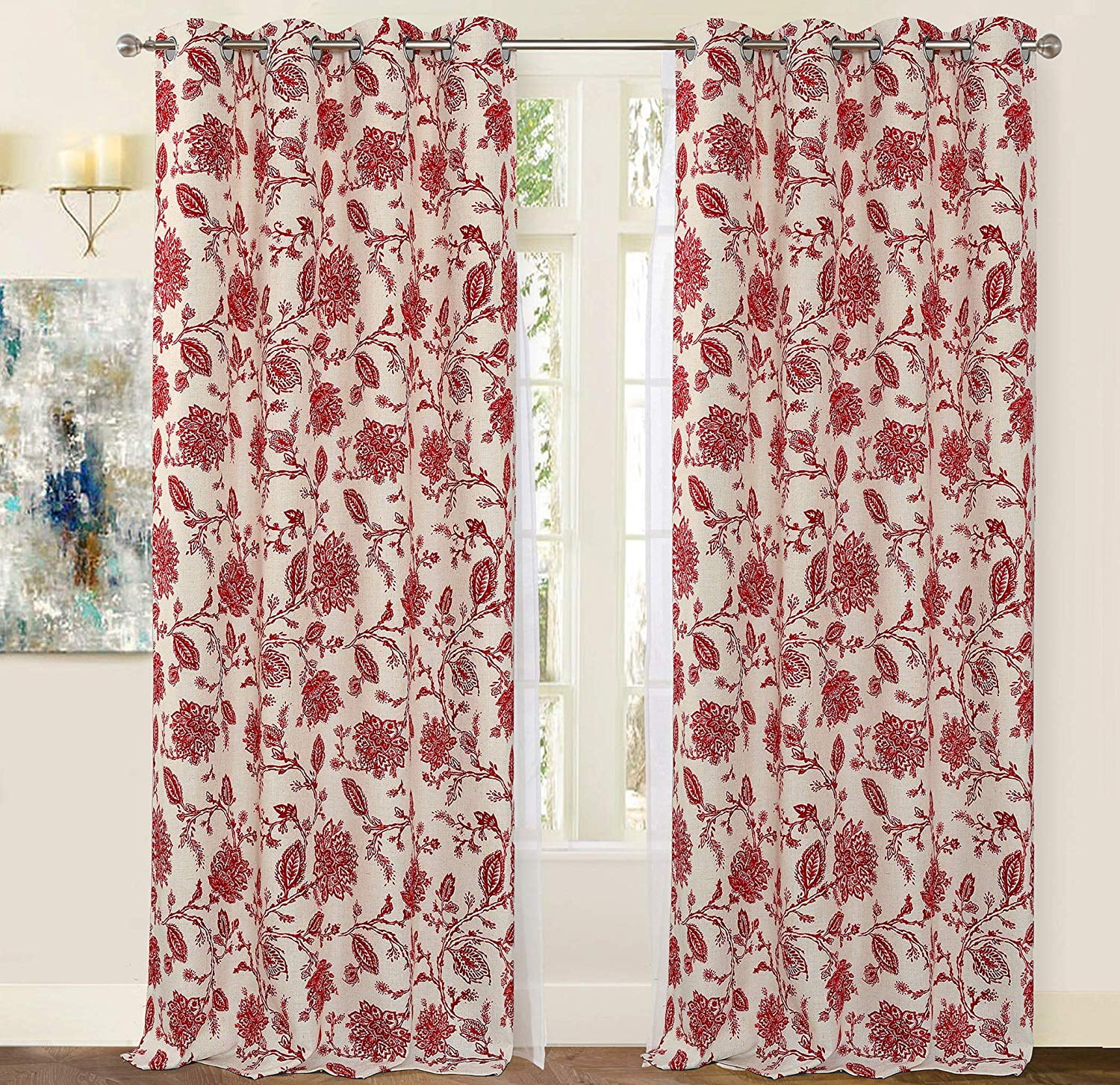 Red Floral Linen Blend Blackout Grommet Curtains 52" x 84"