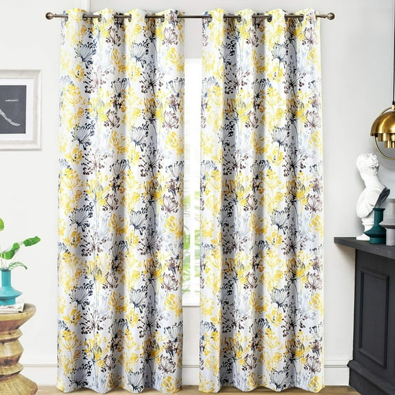 DriftAway Full Blackout Yellow and White Curtains for Living Room Bedroom Kitchen 84 Inches Long Window Drapes Botanical Blossom Grommet Top 2 Panels