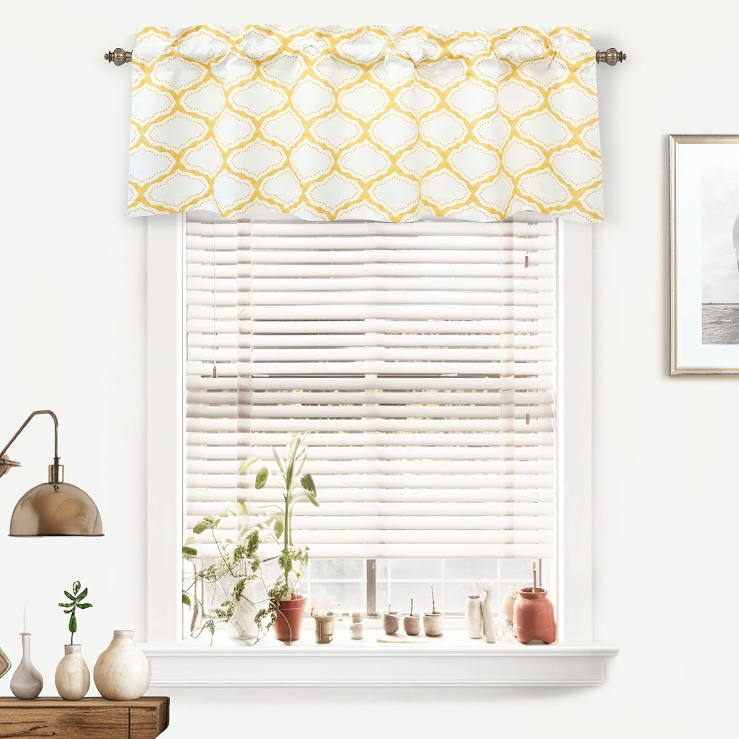 Yellow and White Geometric Trellis Rod Pocket Valance