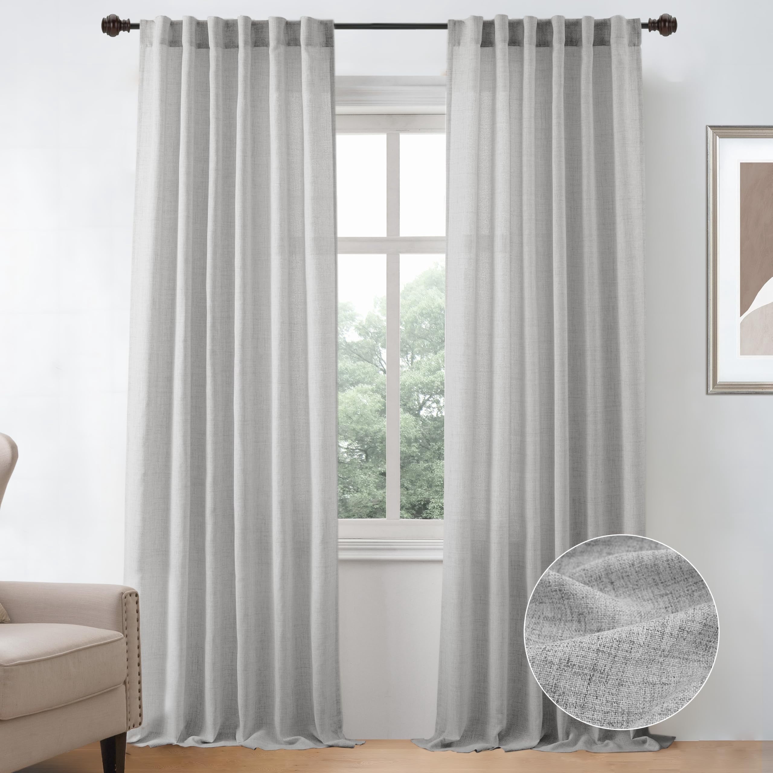 DriftAway Gray Linen Curtains 108 Inches Long for Living Room Thick Semi Sheer 2 Panels Farmhouse 3 Inch Rod Pocket Back Tab Boho Rustic Light Filtering Window Drapes for Bedroom Privacy Assured