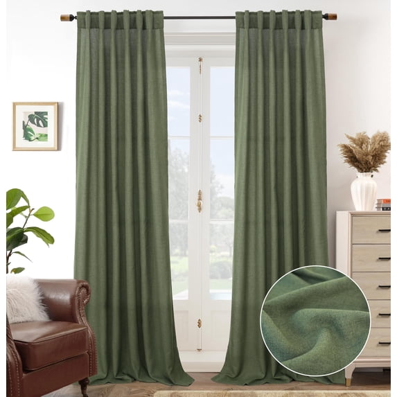 DriftAway Green Linen Curtains 108 Inches Long for Living Room Thick Semi Sheer 2 Panels Farmhouse 3 Inch Rod Pocket Back Tab Boho Rustic Light Filtering Window Drapes for Bedroom Privacy Assured
