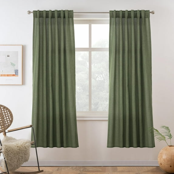 DriftAway Green Linen Curtains 63 Inches Long for Living Room Thick Semi Sheer 2 Panels Farmhouse 3 Inch Rod Pocket Back Tab Boho Rustic Light Filtering Window Drapes for Bedroom Privacy Assured