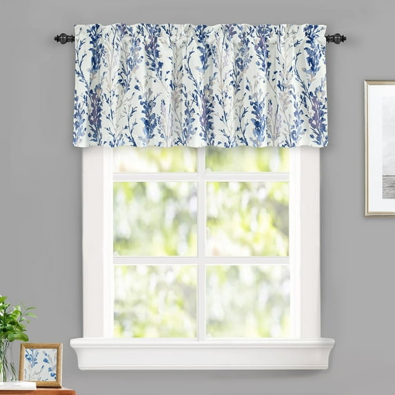 DriftAway Heather Valance for Kitchen Windows Living Room Bathroom Thermal Insulated Farmhouse Rod Pocket Window Valances with Floral Botanical Patterns 52Wx18L Blue Lavender 1 Pack