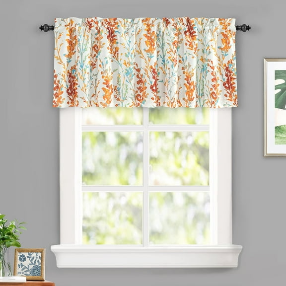 DriftAway Heather Valance for Kitchen Windows Living Room Bathroom Thermal Insulated Farmhouse Rod Pocket Window Valances with Floral Botanical Patterns 52Wx18L Burnt Orange Aqua 1 Pack