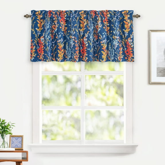 DriftAway Heather Valance for Kitchen Windows Living Room Bathroom Thermal Insulated Farmhouse Rod Pocket Window Valances with Floral Botanical Patterns 52Wx18L Navy Blue Gold Rust 1 Pack