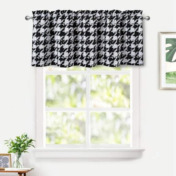 DriftAway Houndstooth Vintage Plaid Printed Pattern Thermal Insulated Blackout Window Curtain Valance Rod Pocket Single 18"L x 52"W Plus 2" Header Black