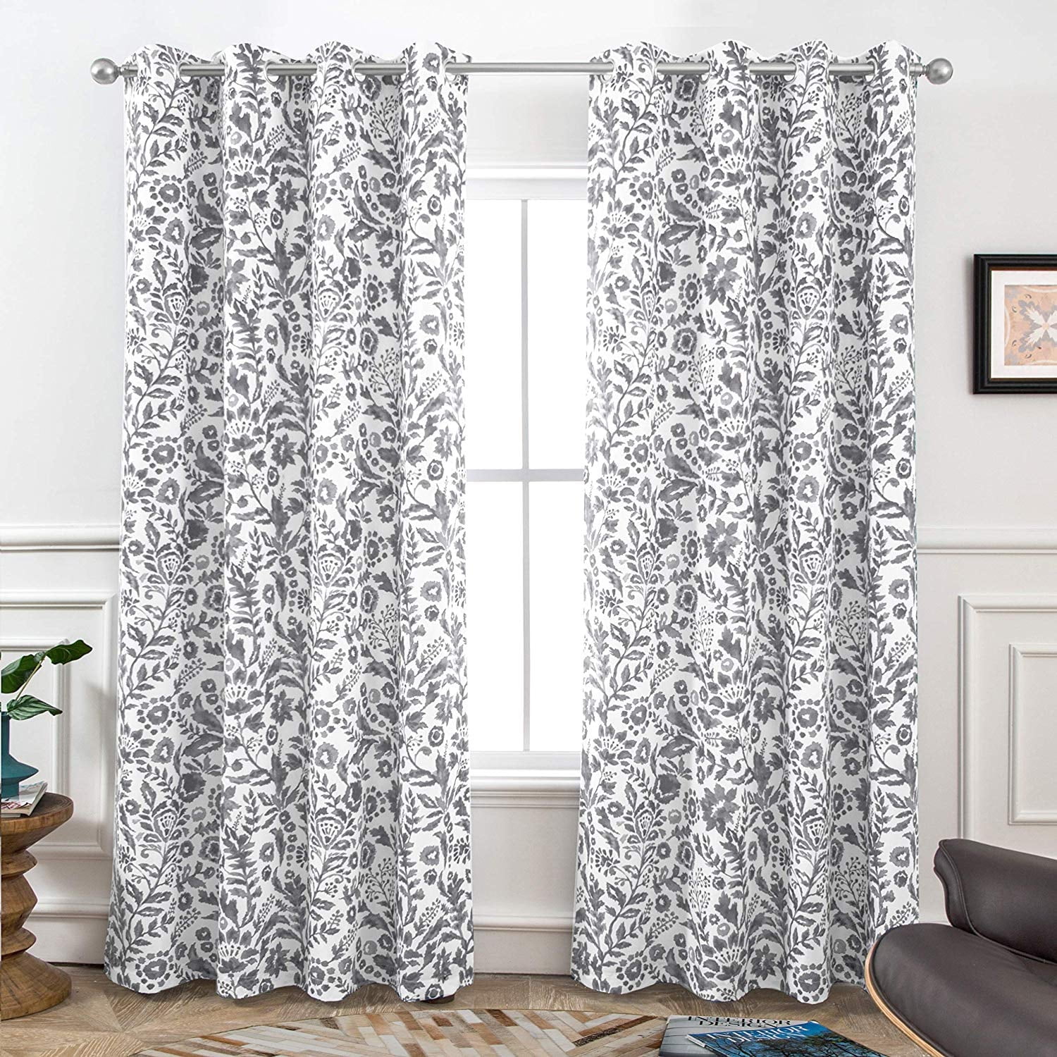 Gray Floral Polyester Room-Darkening Grommet Window Panels