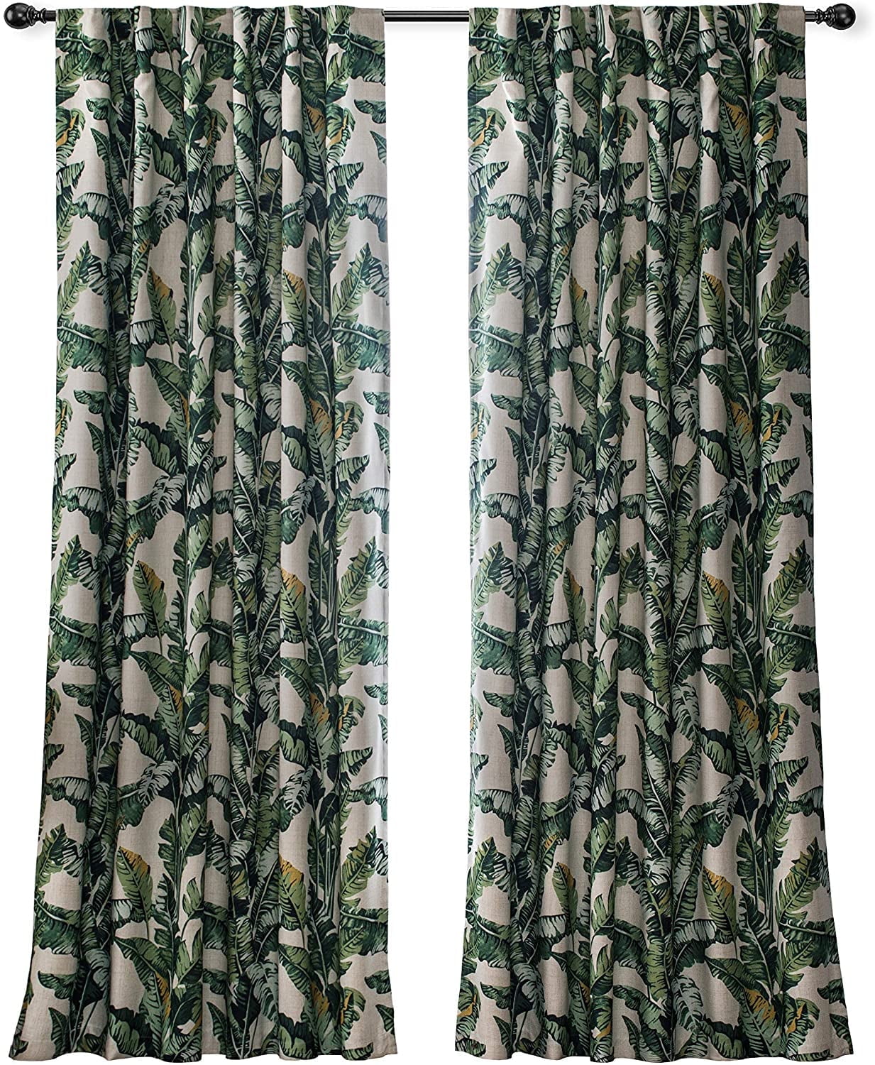 Tropical Green and Beige Linen Blackout Curtain Panels
