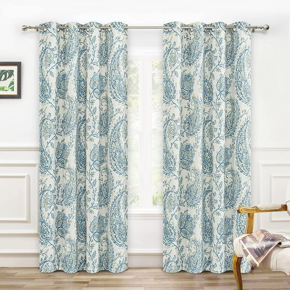 DriftAway Jacob Linen Blend Blackout Curtains for Bedroom Scroll Floral Paisley Printed Thermal Insulated Grommet Top Lined Window Treatments for Living Room 2 Panels W52 x L84 Blue Green