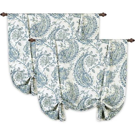 DriftAway Jacob Linen Blend Blackout Tie Up Curtain for Kitchen Scroll Floral Paisley Printed Tie Up Shade for Bedroom Adjustable Balloon Rod Pocket 63"L x 45"W Blue Green 2 Pack