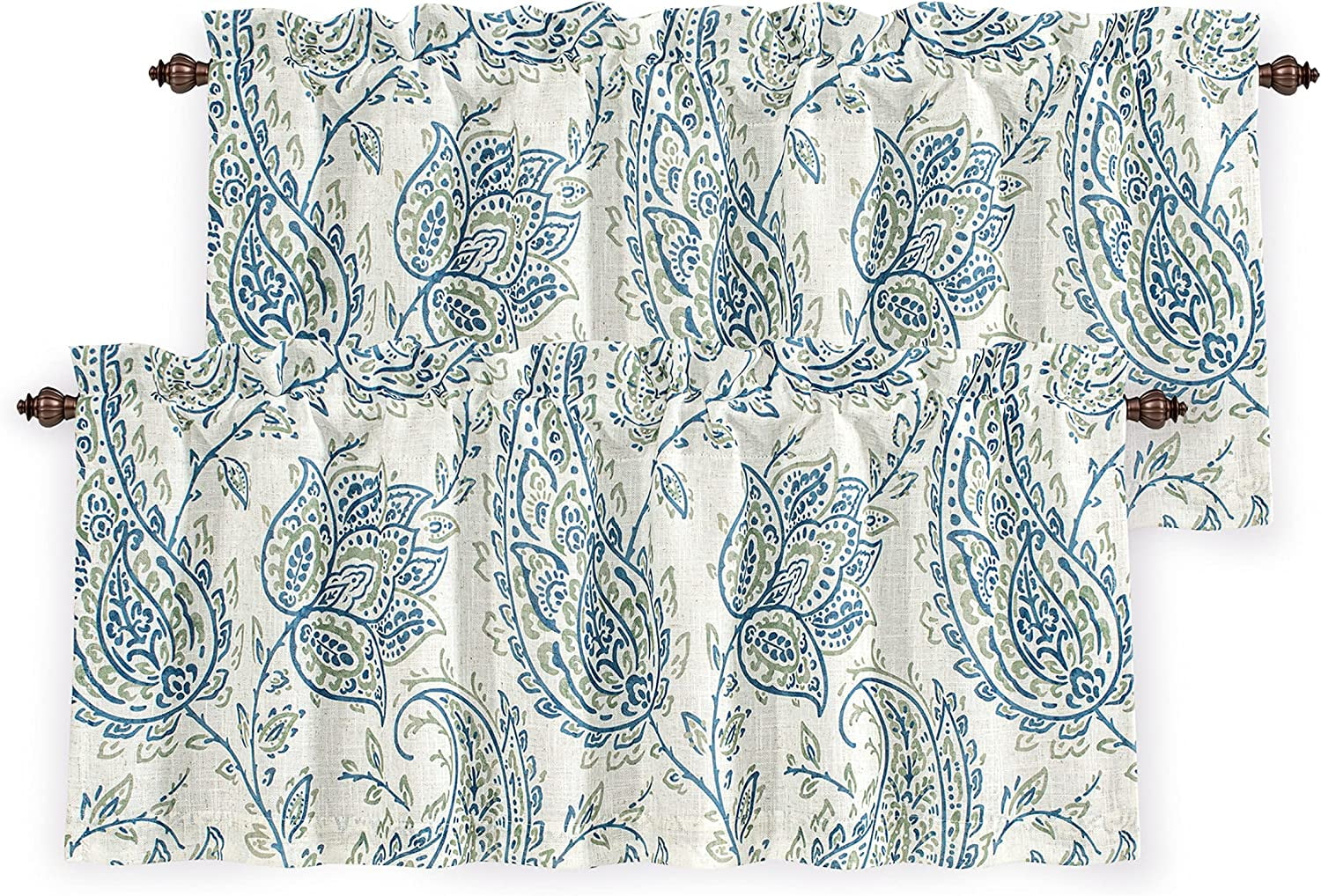 DriftAway Jacob Linen Blend Blackout Valance for Kitchen 18 Inch Length Scroll Floral Paisley Printed Lined Rod Pocket Room Darkening Window Curtain Valance for Living Room 52x18 Blue Green 2 Pack