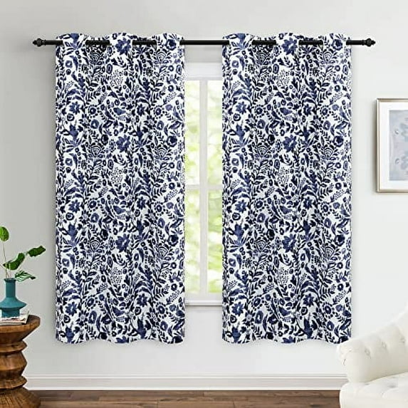 DriftAway Julia Watercolor Blackout Room Darkening Grommet Lined Thermal Insulated Energy Saving Window Curtains 2 Layers 2 Panels Each Size 46 Inch by 72 Inch Navy