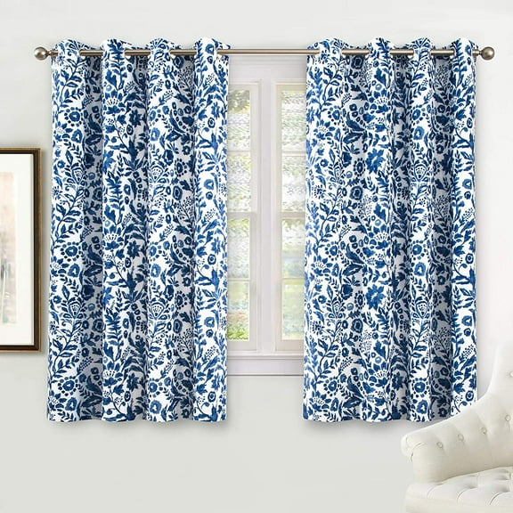 DriftAway Julia Watercolor Blackout Room Darkening Grommet Lined Thermal Insulated Energy Saving Window Curtains 2 Layers 2 Panels Each Size 52 Inch by 54 Inch Navy