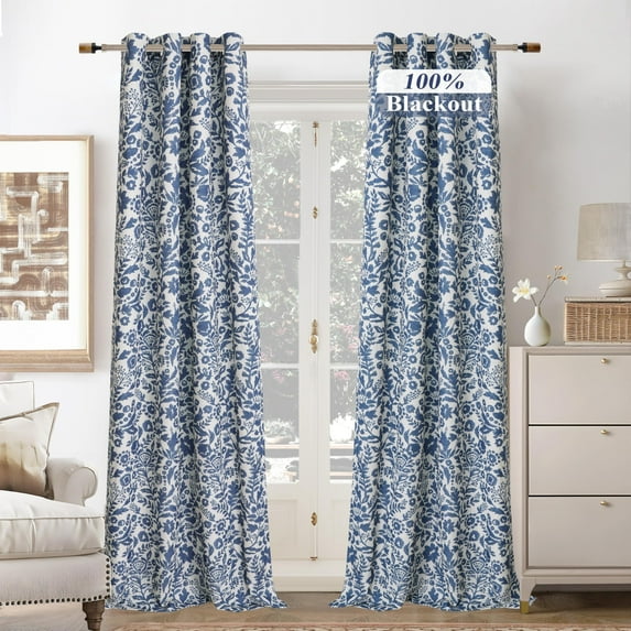 DriftAway Julia Watercolor Blackout Room Darkening Lined Thermal Insulated Energy Saving Window Curtains 2 Layers 2 Panels Each Size 52 Inch by 108 Inch Linen Navy