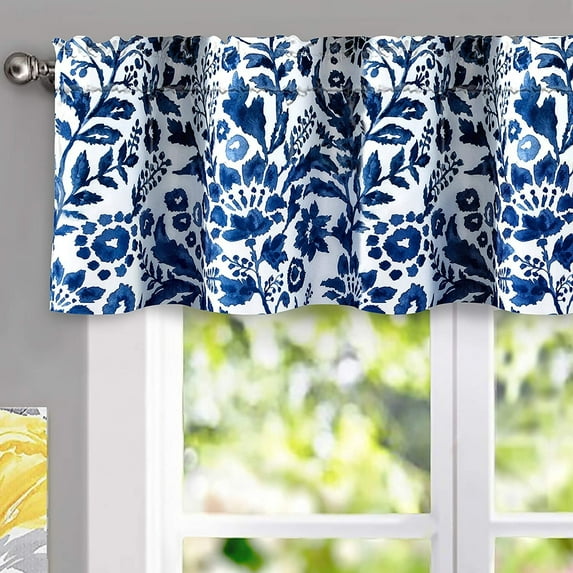 DriftAway Julia Watercolor Blooming Flower Floral Lined Thermal Insulated Window Curtain Valance Rod Pocket 14"L x 52"W Plus 1.75" Header Navy 1 Pack