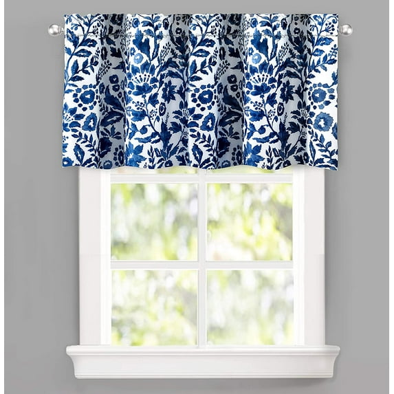 DriftAway Julia Watercolor Blooming Flower Floral Lined Thermal Insulated Window Curtain Valance Rod Pocket 24"L x 52"W Plus 2" Header Navy