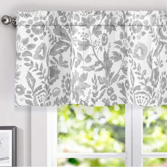 DriftAway Julia Watercolor Blooming Flower Floral Lined Thermal Insulated Window Curtain Valance Rod Pocket 52 Inch by 18 Inch Plus 2 Inch Header Gray 1 Pack