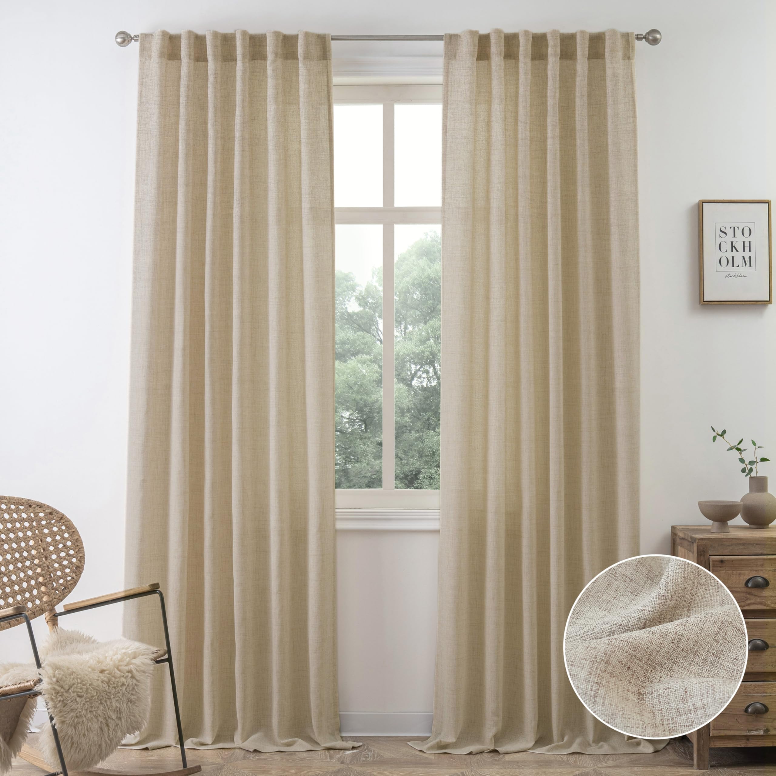 DriftAway Khaki Linen Curtains 108 Inches Long for Living Room Thick Semi Sheer 2 Panels Farmhouse 3 Inch Rod Pocket Back Tab Boho Rustic Light Filtering Window Drapes for Bedroom Privacy Assured
