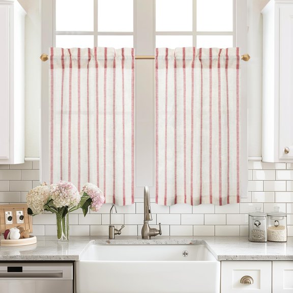 DriftAway Kitchen Curtains Striped Tier Linen Short Curtains Pinstripe Cafe Curtains 36 Inch Length for Living Room Bathroom Chris Farmhouse Rustic Curtains Rod Pocket 2 Panels Red