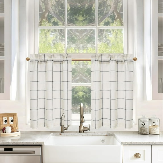 DriftAway Kitchen Curtains Striped Tier Linen Short Curtains Windowpane Plaid Cafe 36 Inch Length for Living Room Bathroom Chris Farmhouse Rustic Rod Pocket 2 Panels Black