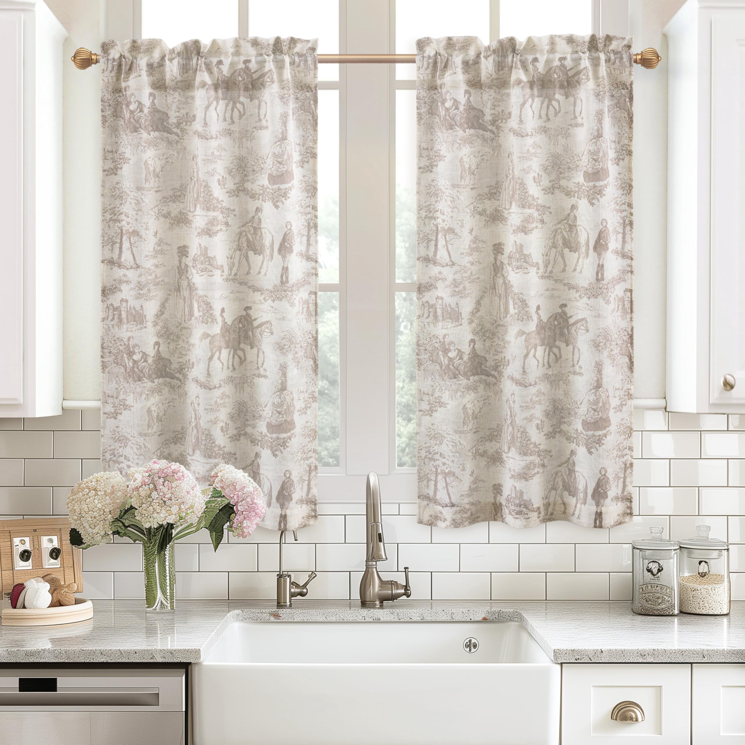 DriftAway Kitchen Curtains Toile Tier Linen Short Curtains Cafe 45 Inch Length for Living Room Bathroom Farmhouse French Country Vintage Printed Pattern Rod Pocket 2 Panels Beige
