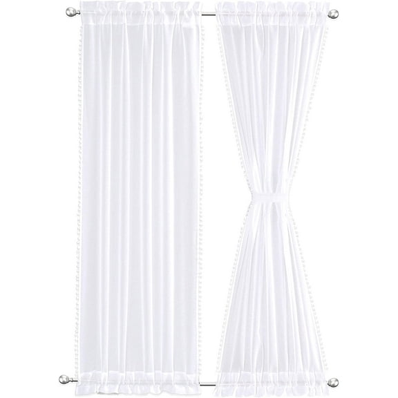 DriftAway Laura Pom Pom Trimmed Solid Sheer Door Curtain