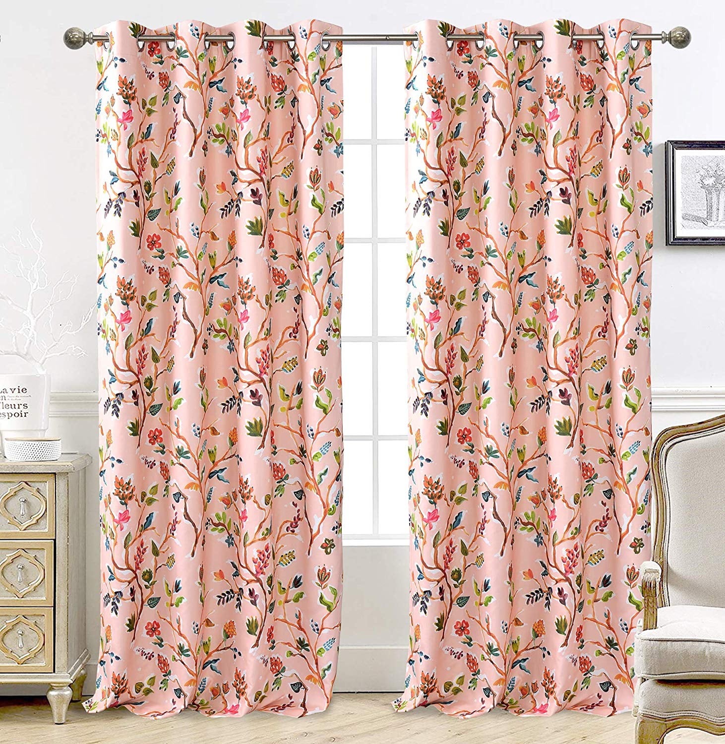 DriftAway Lauren Colorful Watercolor Tree Pattern Blackout Lined Grommet Window Curtain 84"L x 52"W Blush